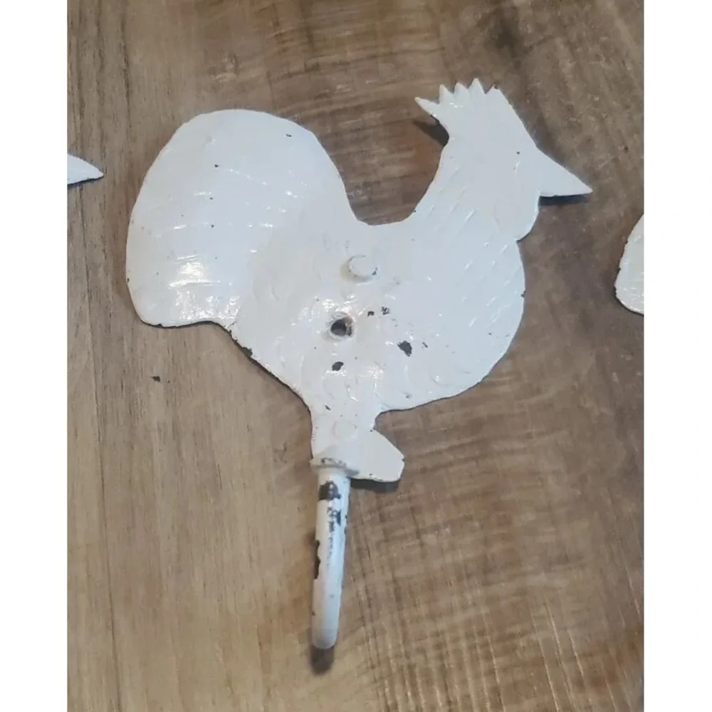 Set of 5 Rooster Chicken Hooks Rustic Distressed White Decor Farmhouse *READ